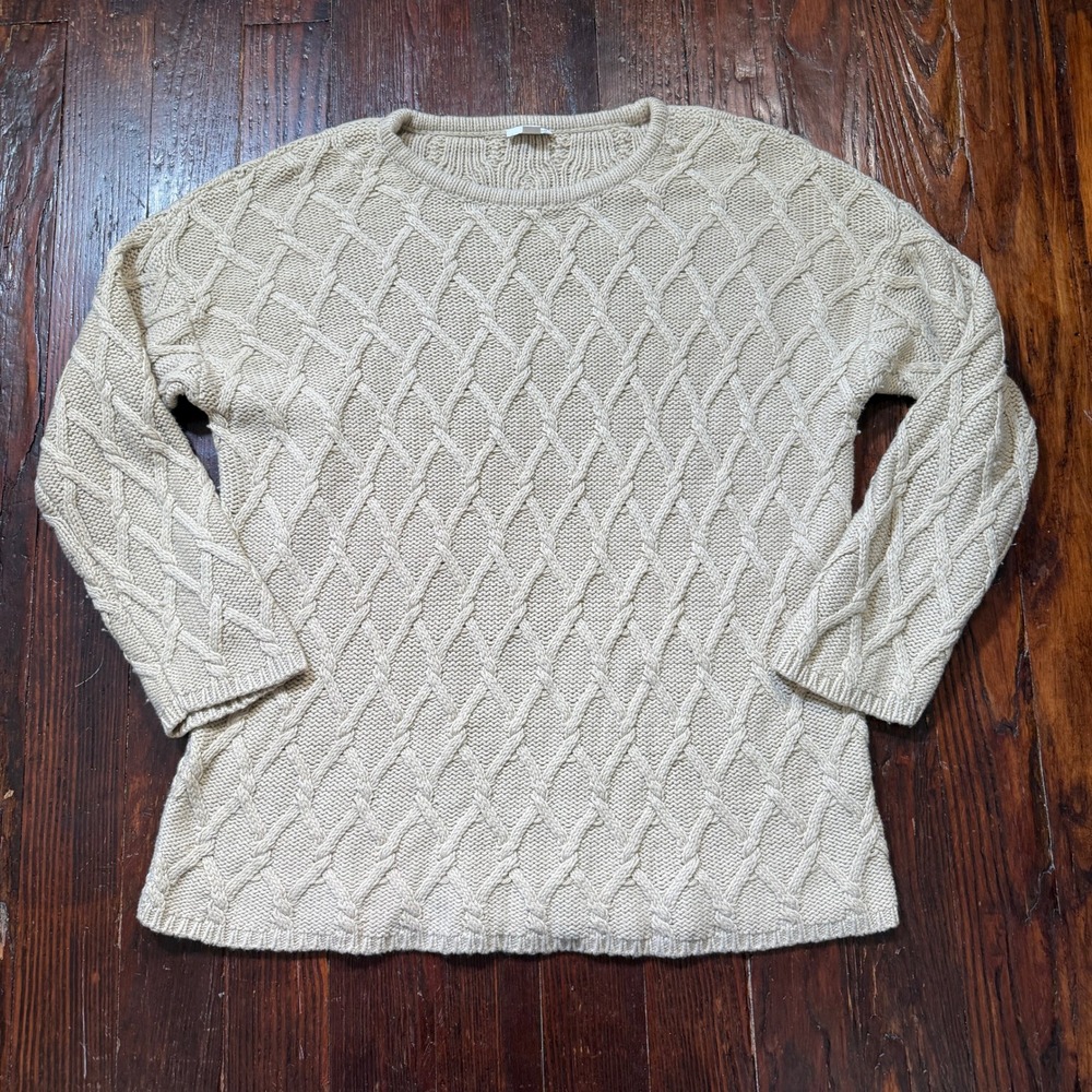 J Jill Cable Knit Sweater Womens XL Beige Wool Blend Pure Jill Diamond Lattice